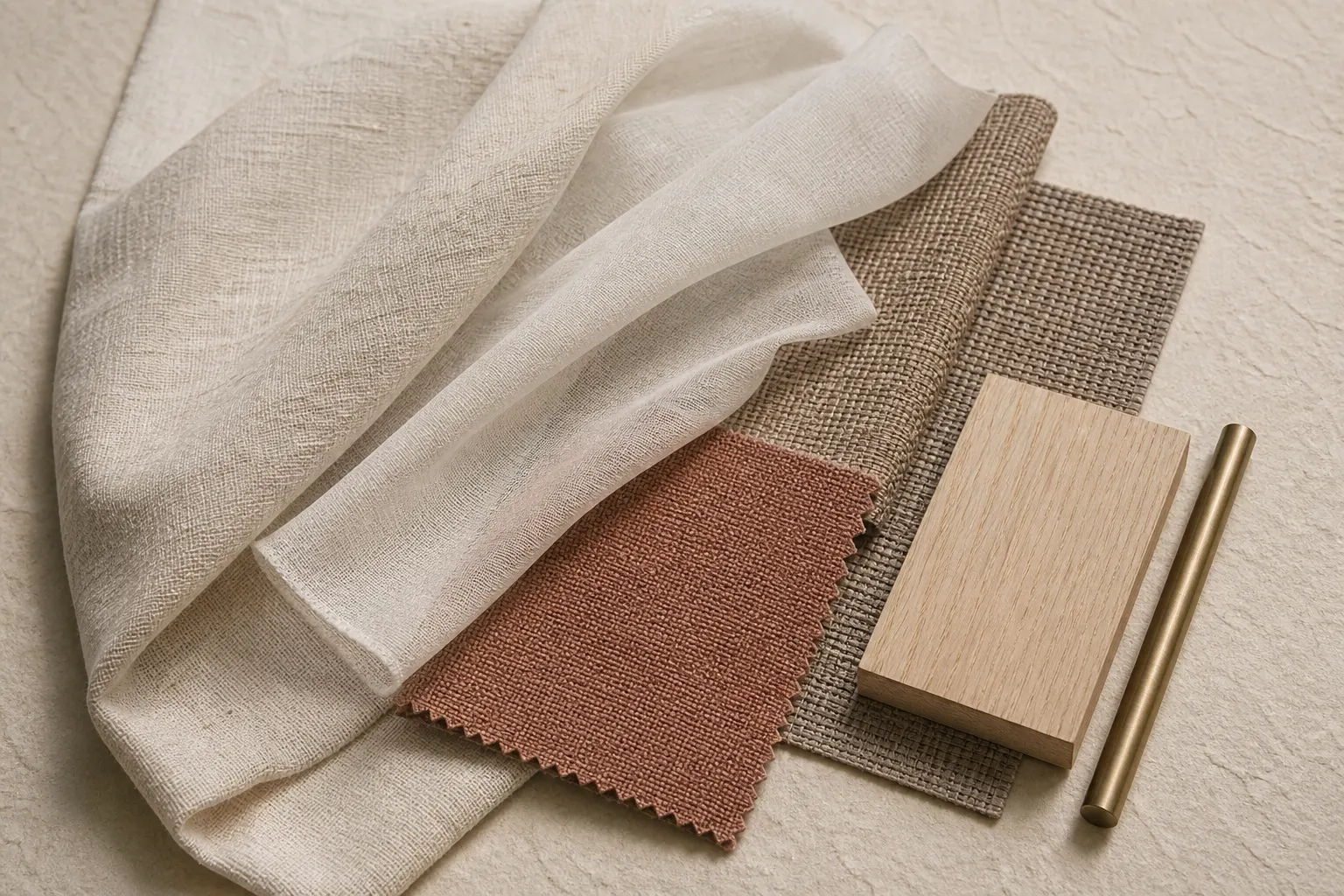 Layered samples of sheer, linen and blind materials in warm neutral tones